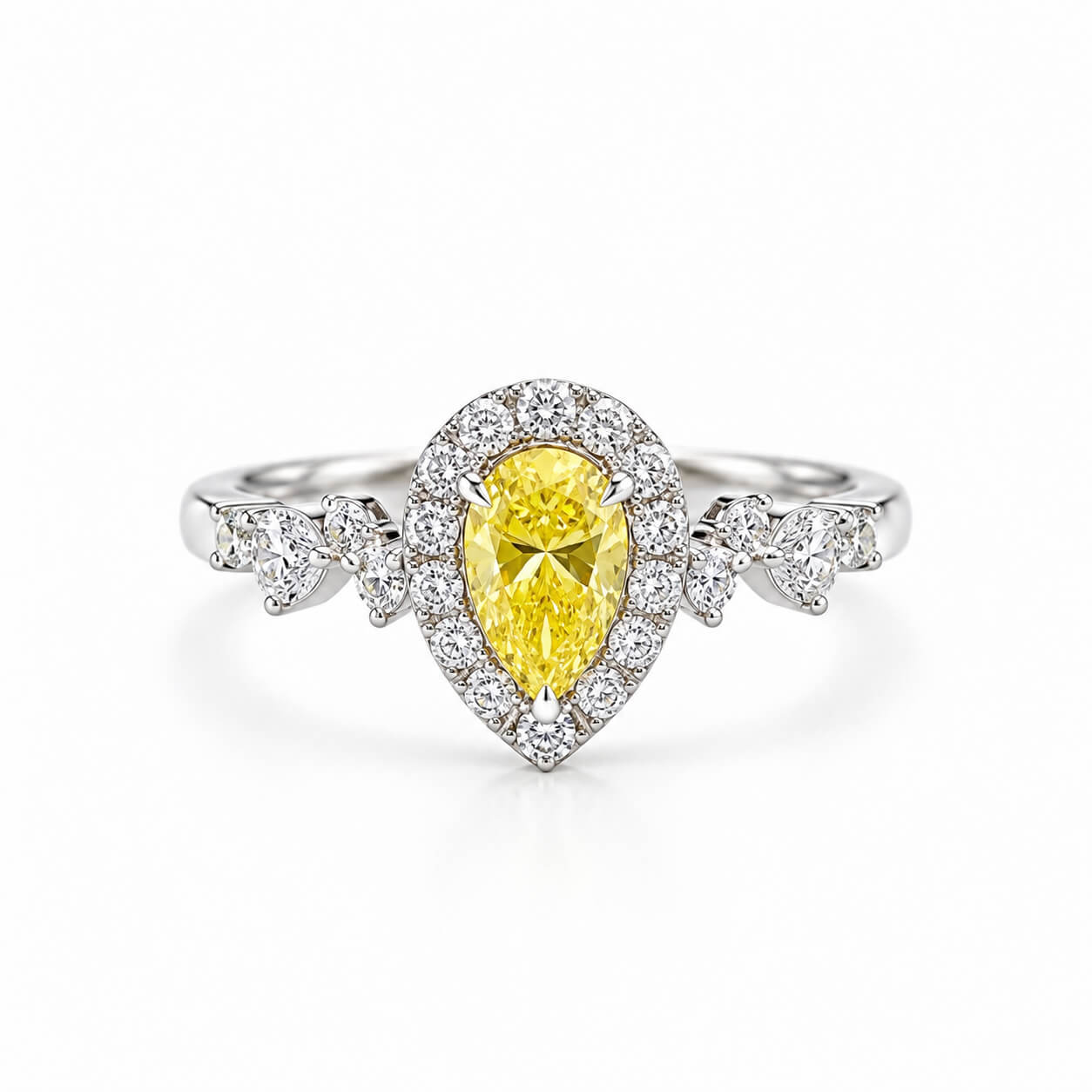 Halo setting pear cut lab grown yellow diamond engagement ring