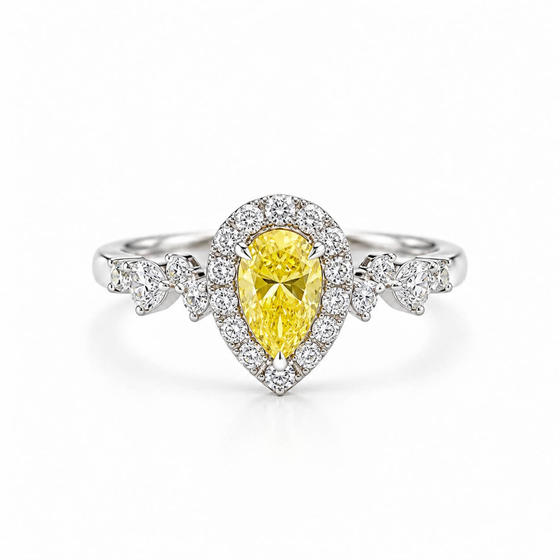 Halo setting pear cut lab grown yellow diamond engagement ring