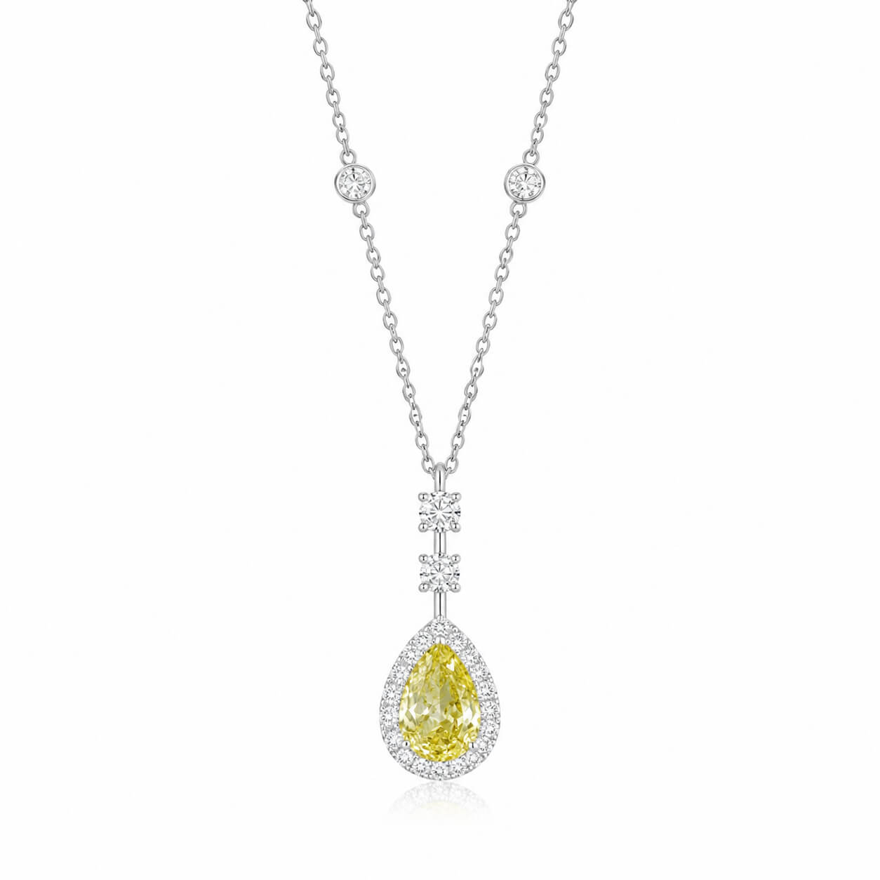 Halo setting pear cut lab grown yellow diamond necklace