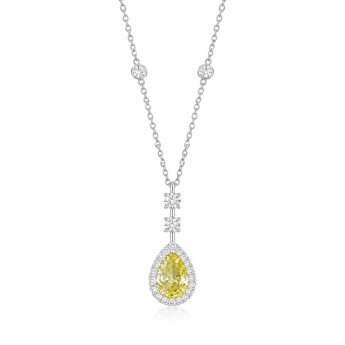 Halo setting pear cut lab grown yellow diamond necklace