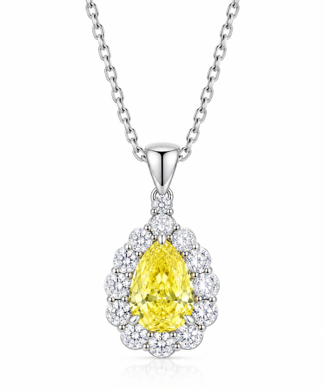 Halo setting pear cut lab grown yellow diamond pendant necklace