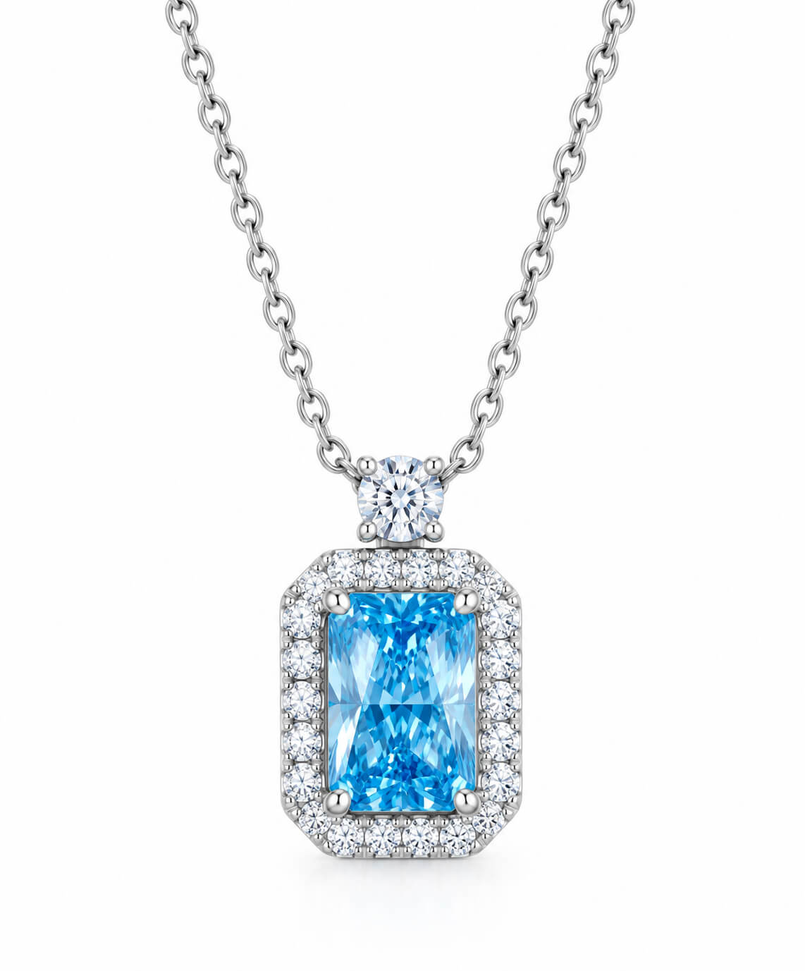 Halo setting radiant cut lab grown blue diamond necklace