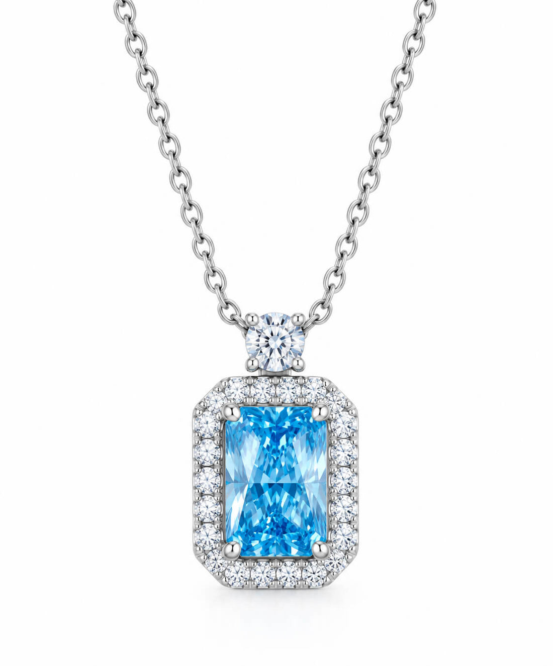 Halo setting radiant cut lab grown blue diamond necklace