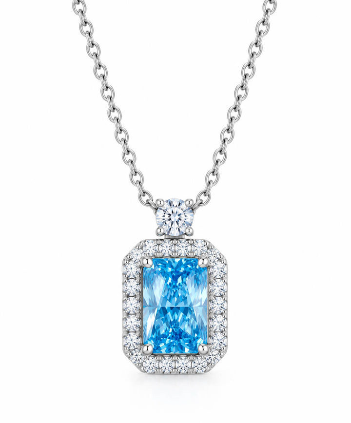 Halo setting radiant cut lab grown blue diamond necklace