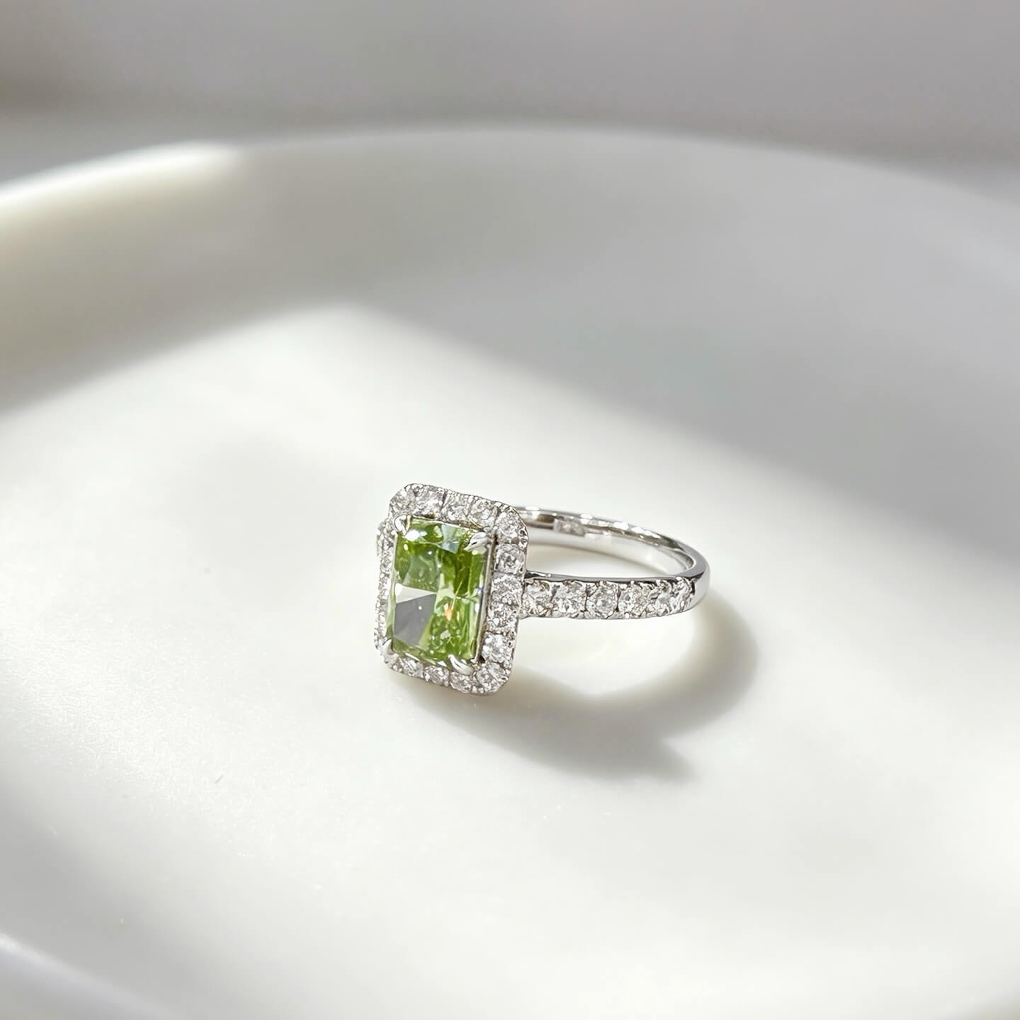 Halo setting radiant cut lab grown green diamond engagement ring