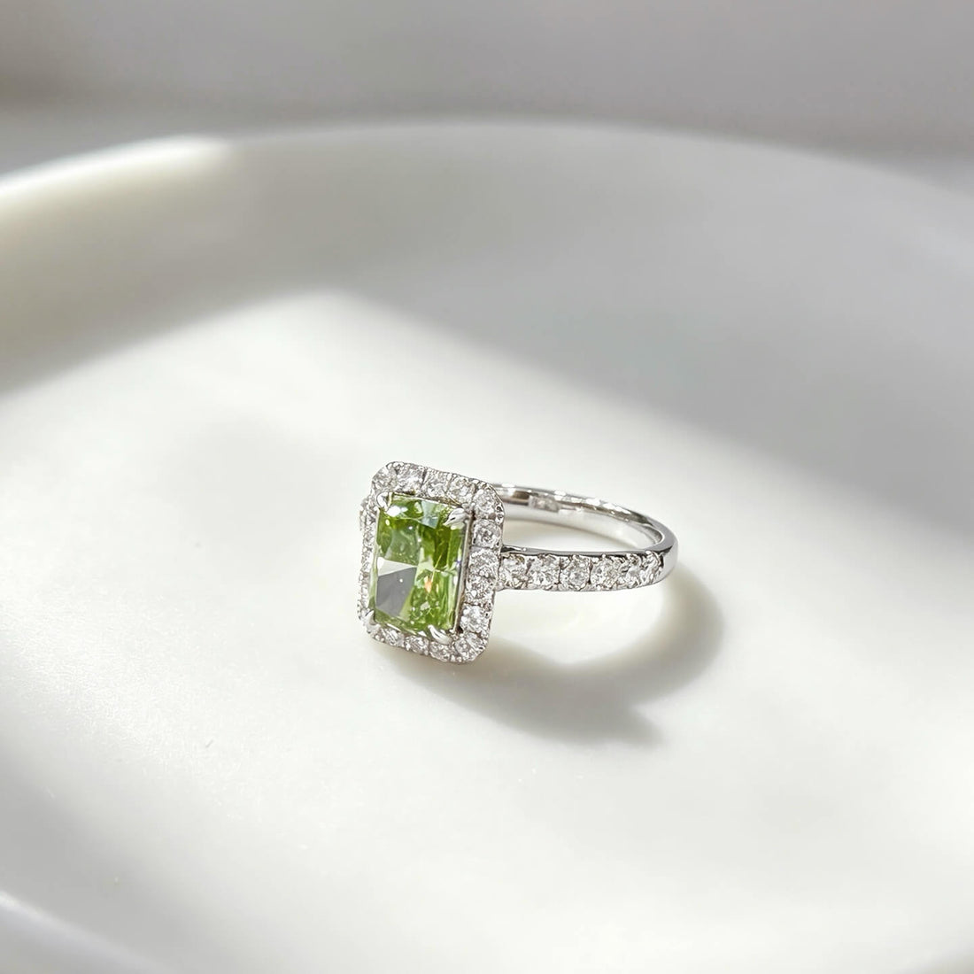 Halo setting radiant cut lab grown green diamond engagement ring