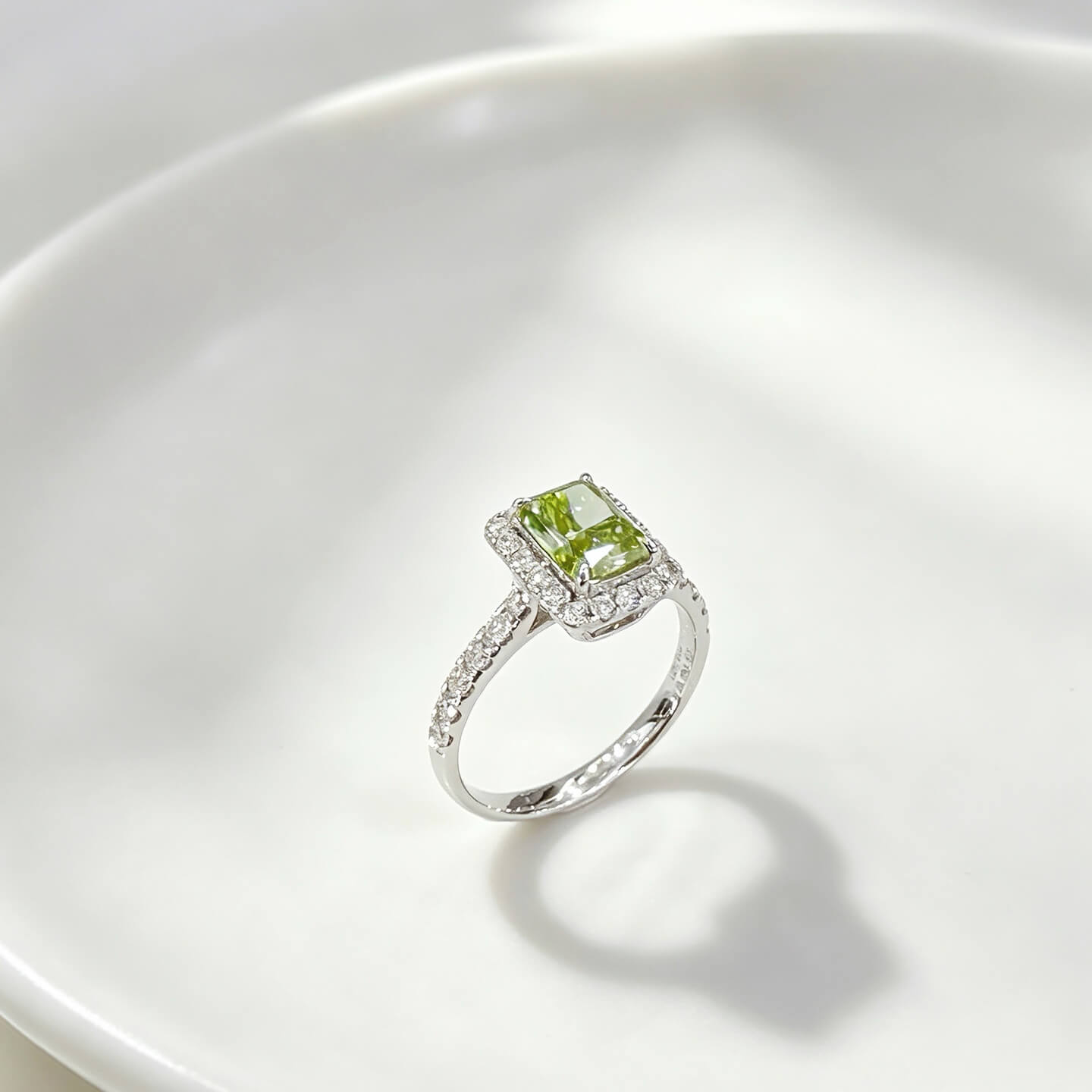 Halo setting radiant cut lab grown green diamond engagement ring