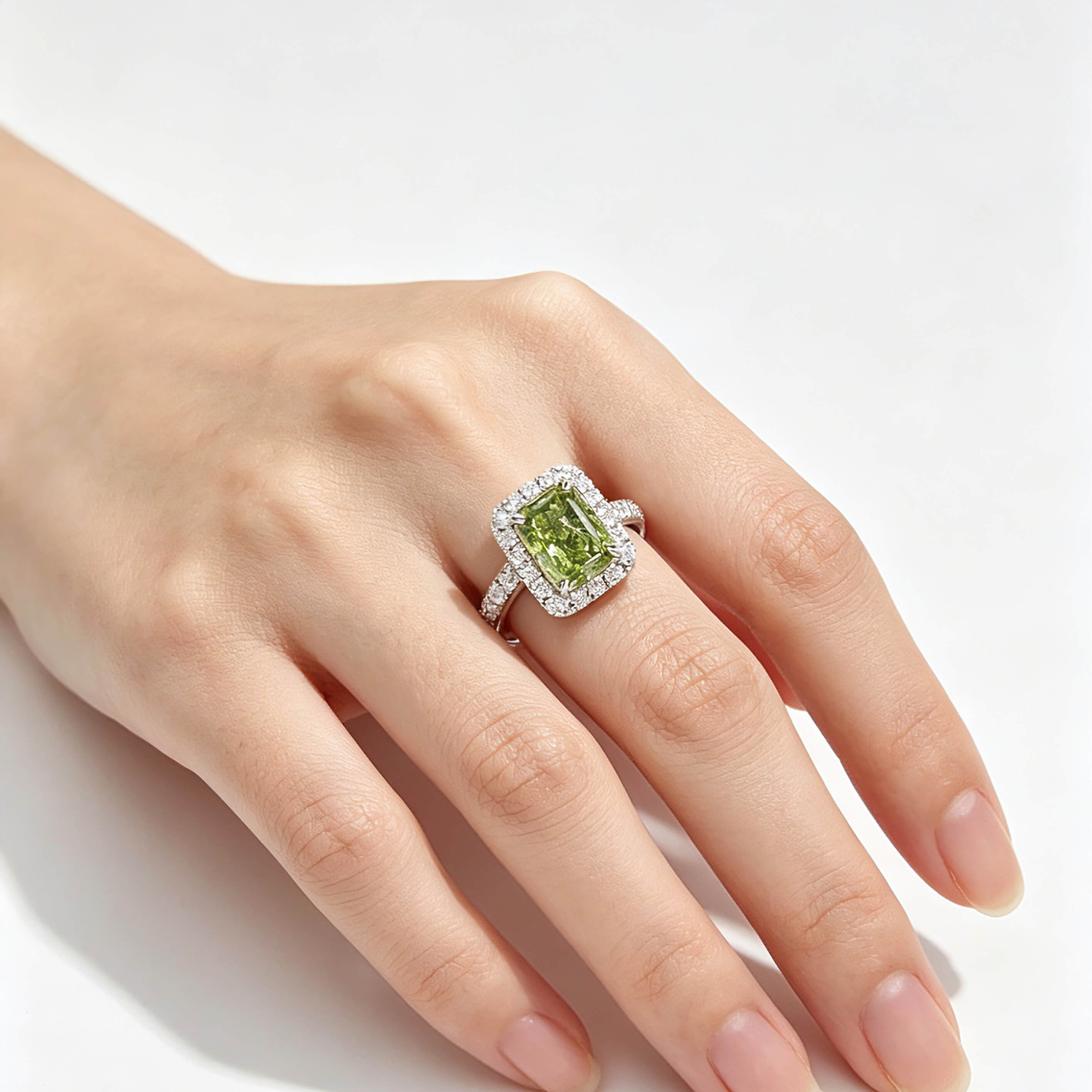 Halo setting radiant cut lab grown green diamond engagement ring