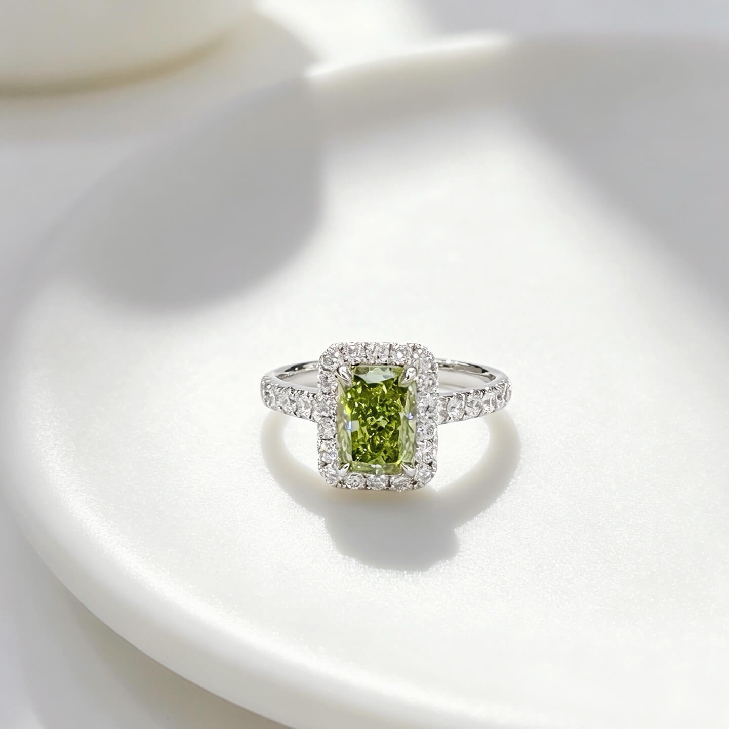Halo setting radiant cut lab grown green diamond engagement ring