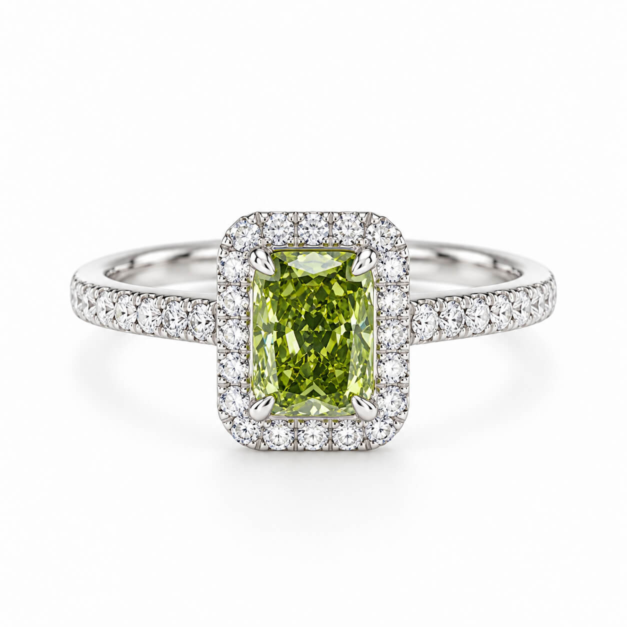 Halo setting radiant cut lab grown green diamond engagement ring