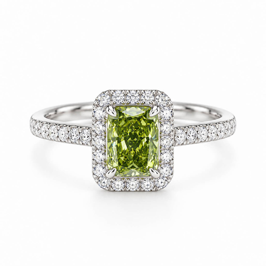 Halo setting radiant cut lab grown green diamond engagement ring
