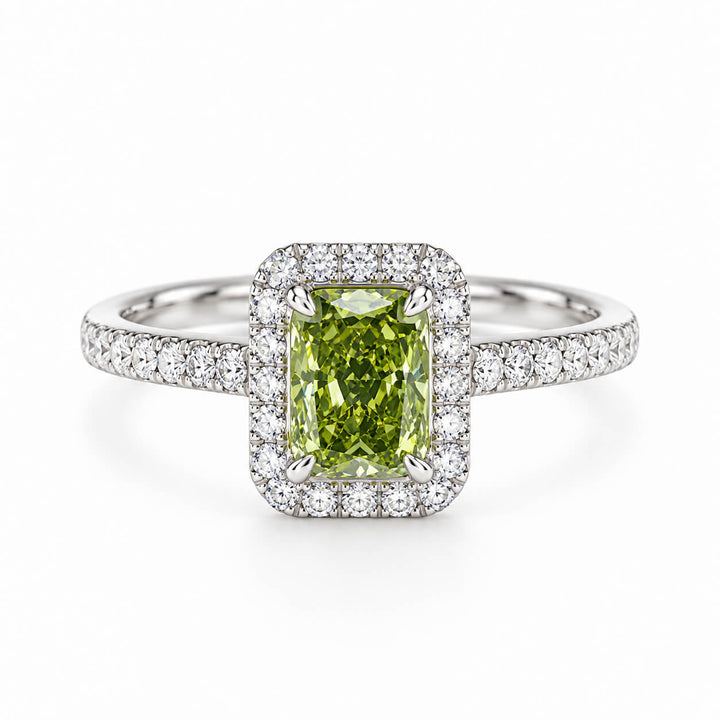 Halo setting radiant cut lab grown green diamond engagement ring