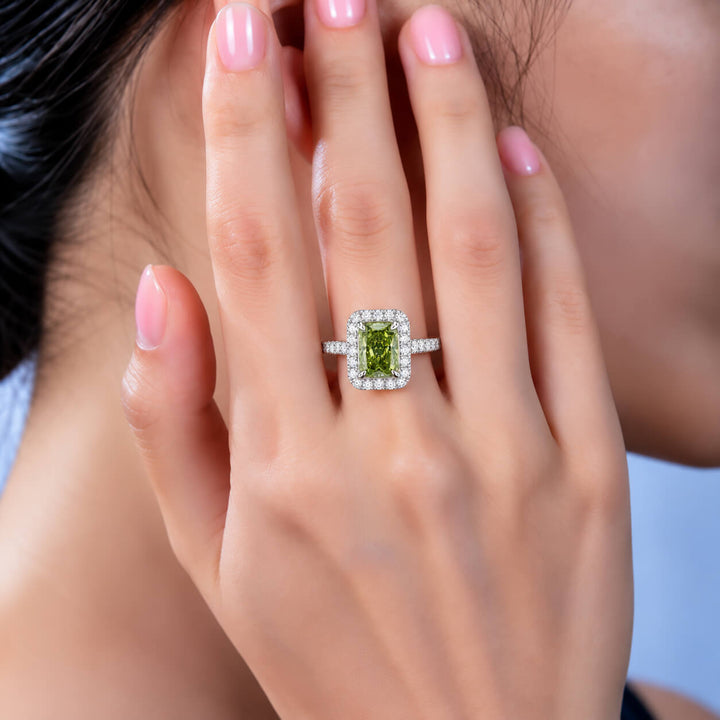 Halo setting radiant cut lab grown green diamond engagement ring