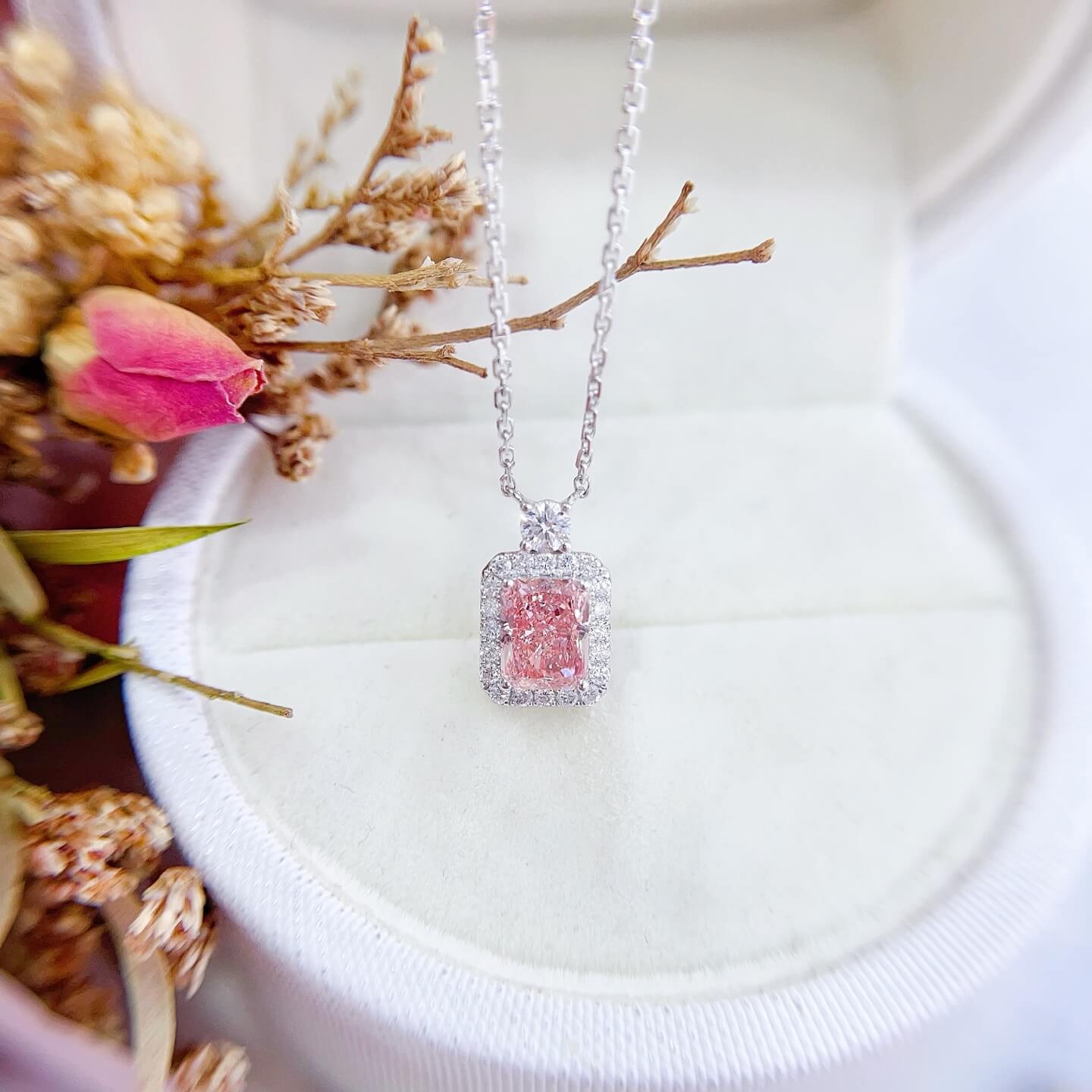 Halo setting radiant cut lab grown pink diamond pendant necklace