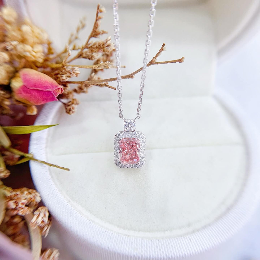 Halo setting radiant cut lab grown pink diamond pendant necklace