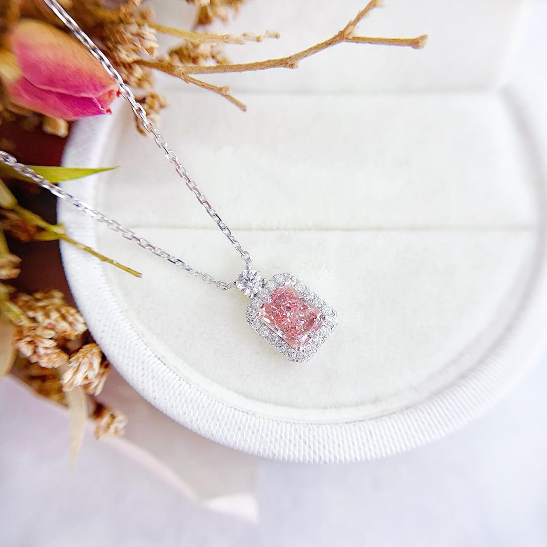 Halo setting radiant cut lab grown pink diamond pendant necklace