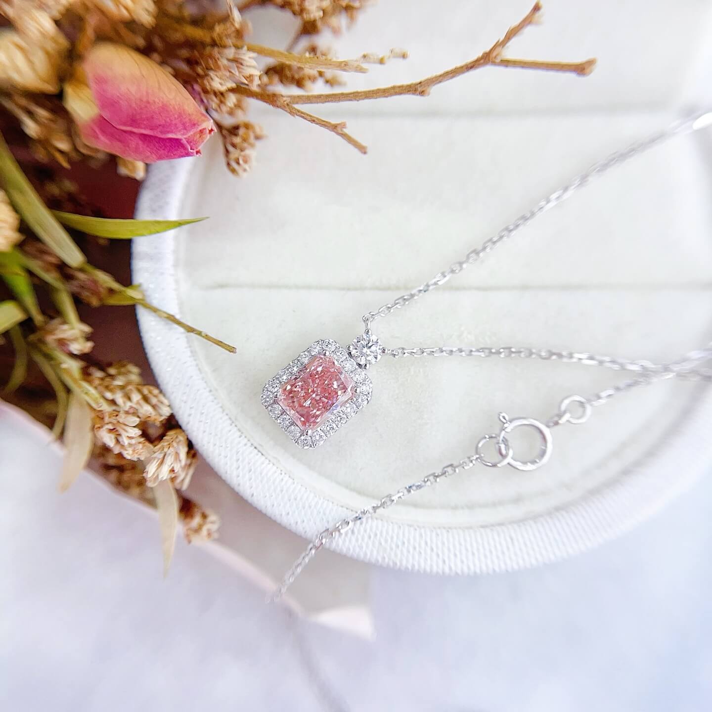 Halo setting radiant cut lab grown pink diamond pendant necklace