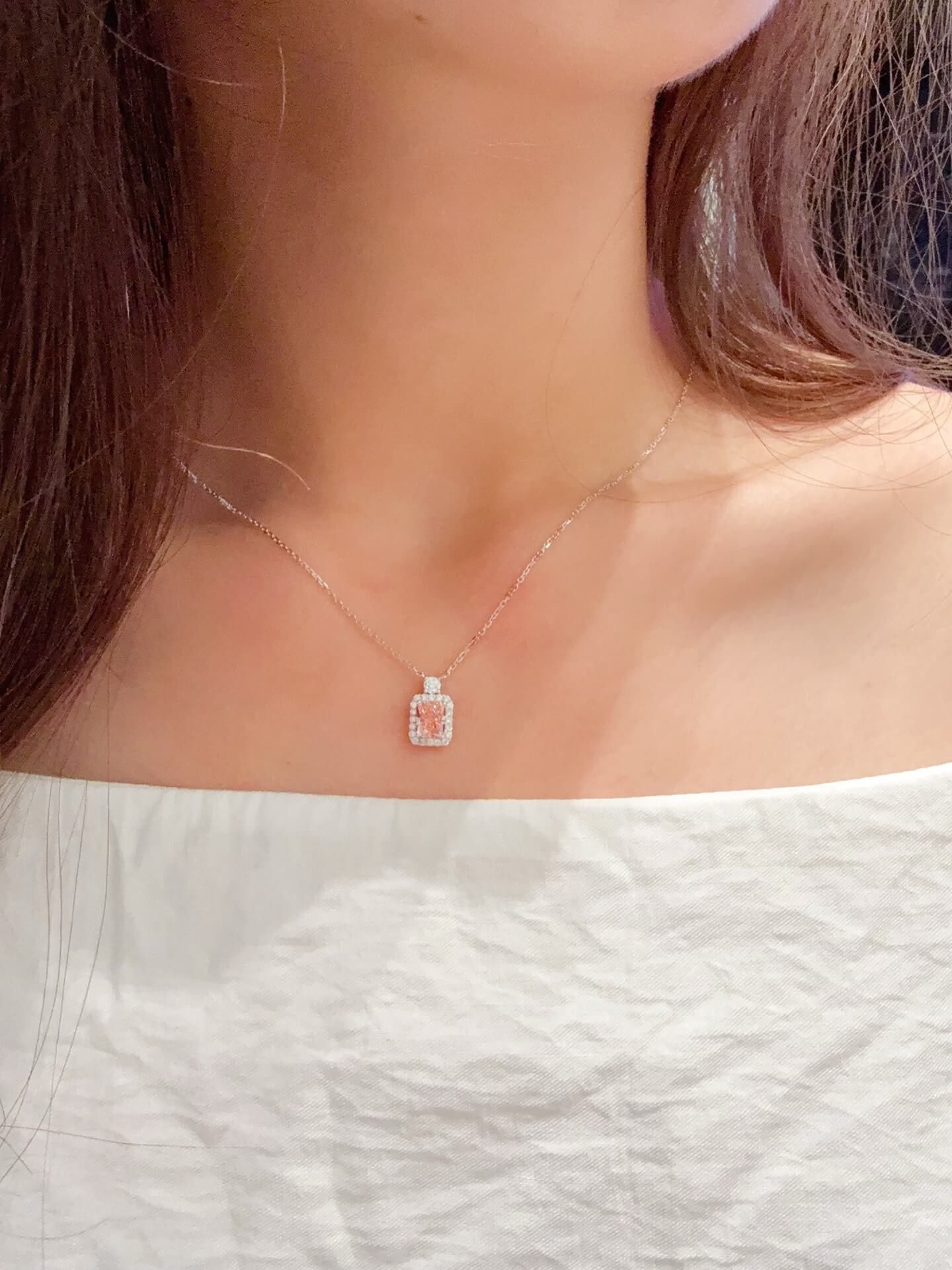 Halo setting radiant cut lab grown pink diamond pendant necklace
