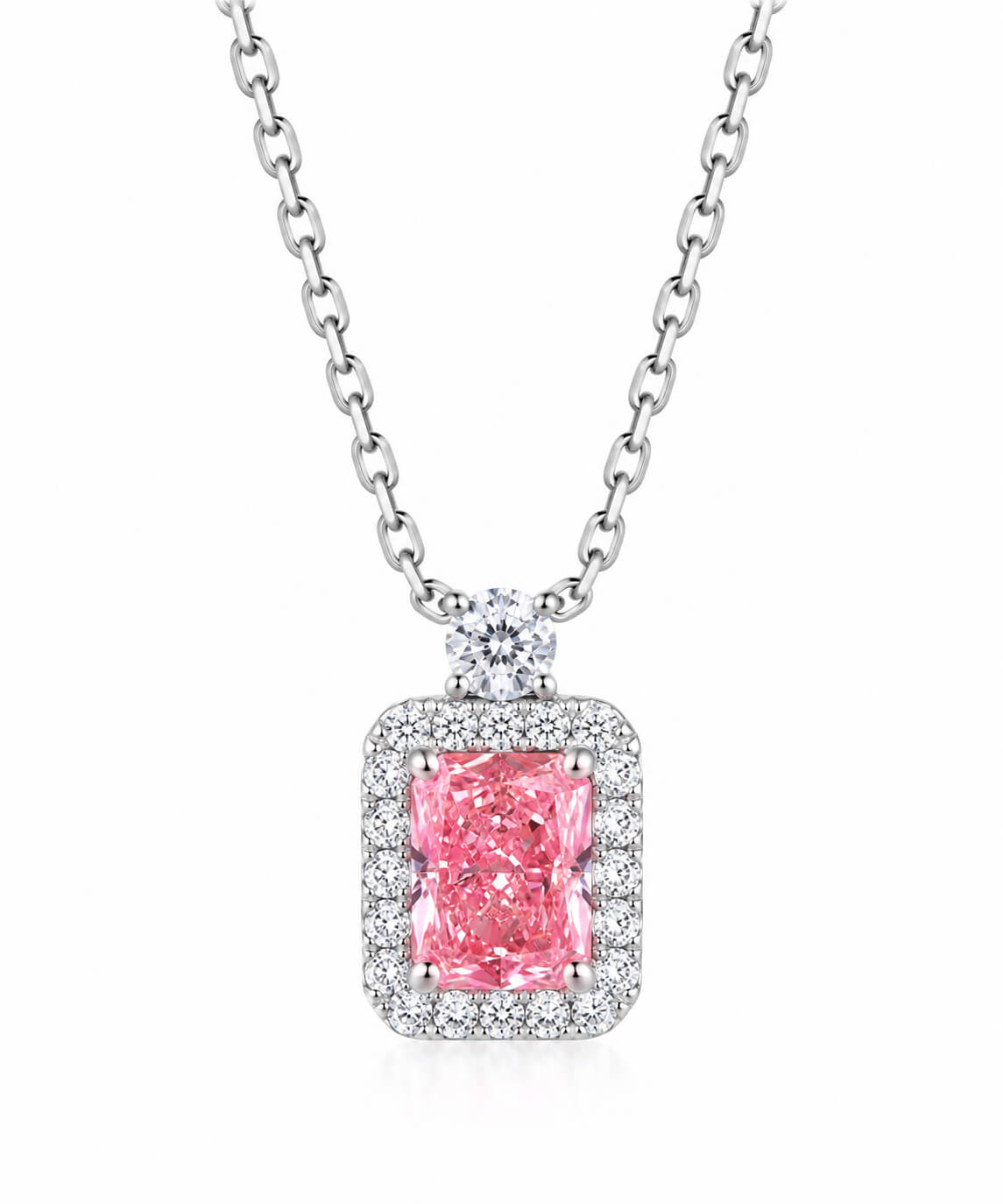 Halo setting radiant cut lab grown pink diamond pendant necklace