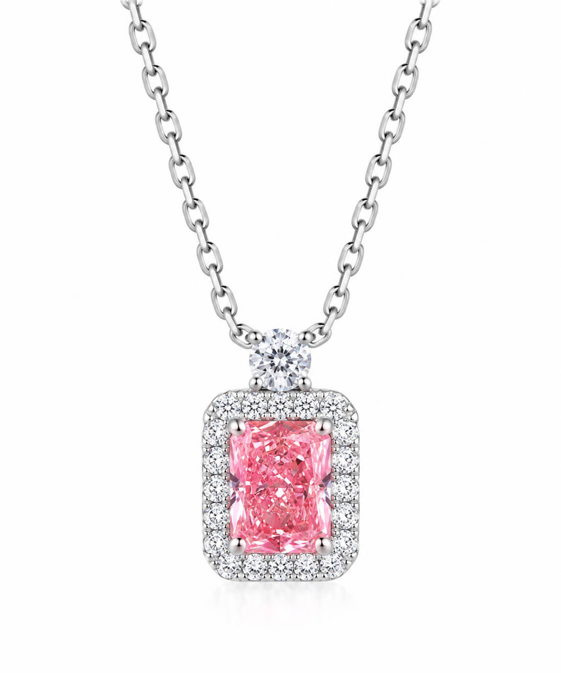 Halo setting radiant cut lab grown pink diamond pendant necklace