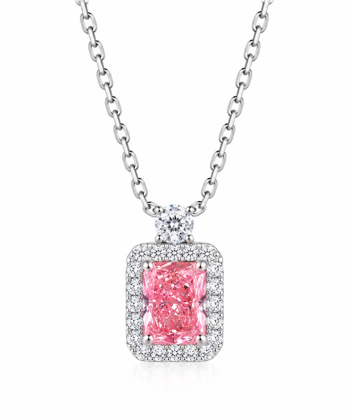 Halo setting radiant cut lab grown pink diamond pendant necklace