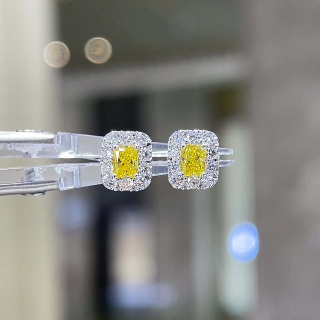 Halo setting radiant cut lab grown yellow diamond earrings stud