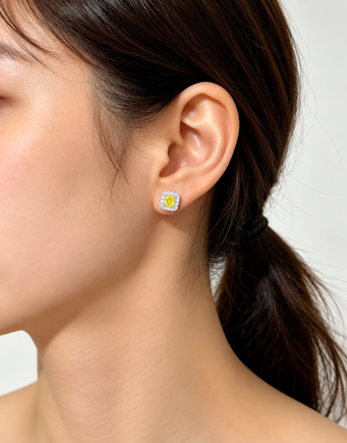 Halo setting radiant cut lab grown yellow diamond earrings stud