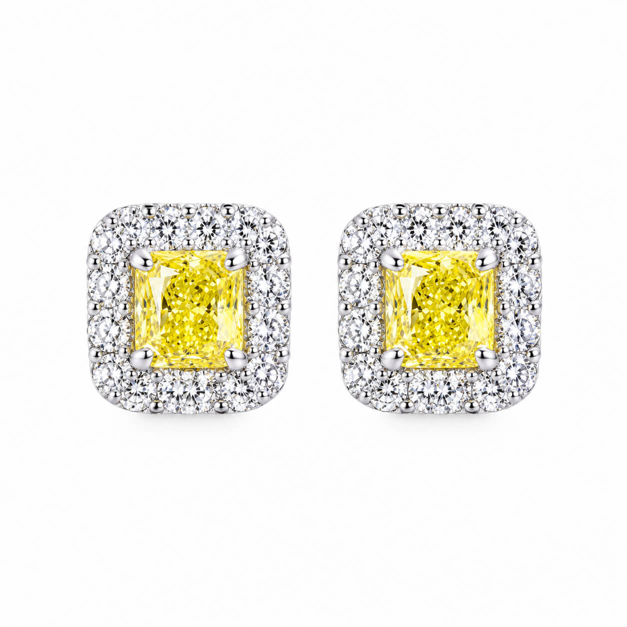 Halo setting radiant cut lab grown yellow diamond earrings stud