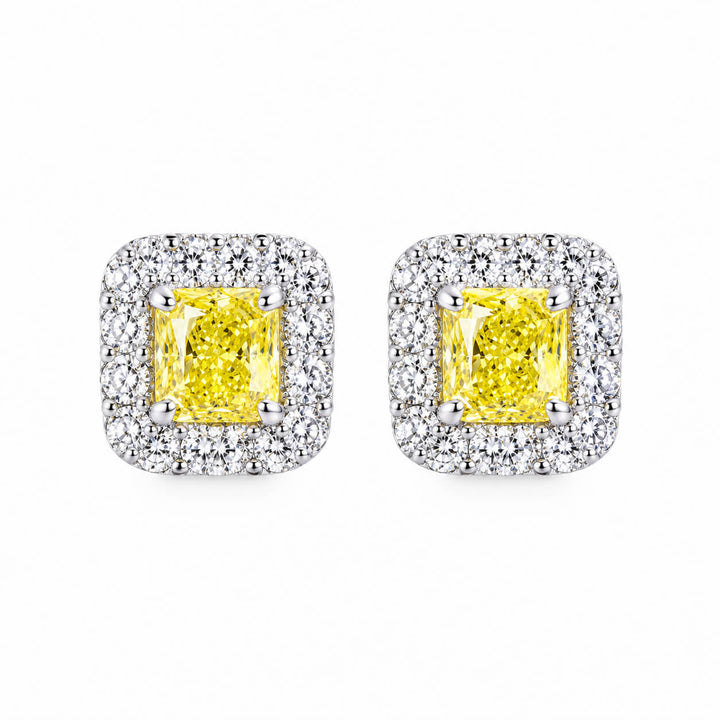 Halo setting radiant cut lab grown yellow diamond earrings stud