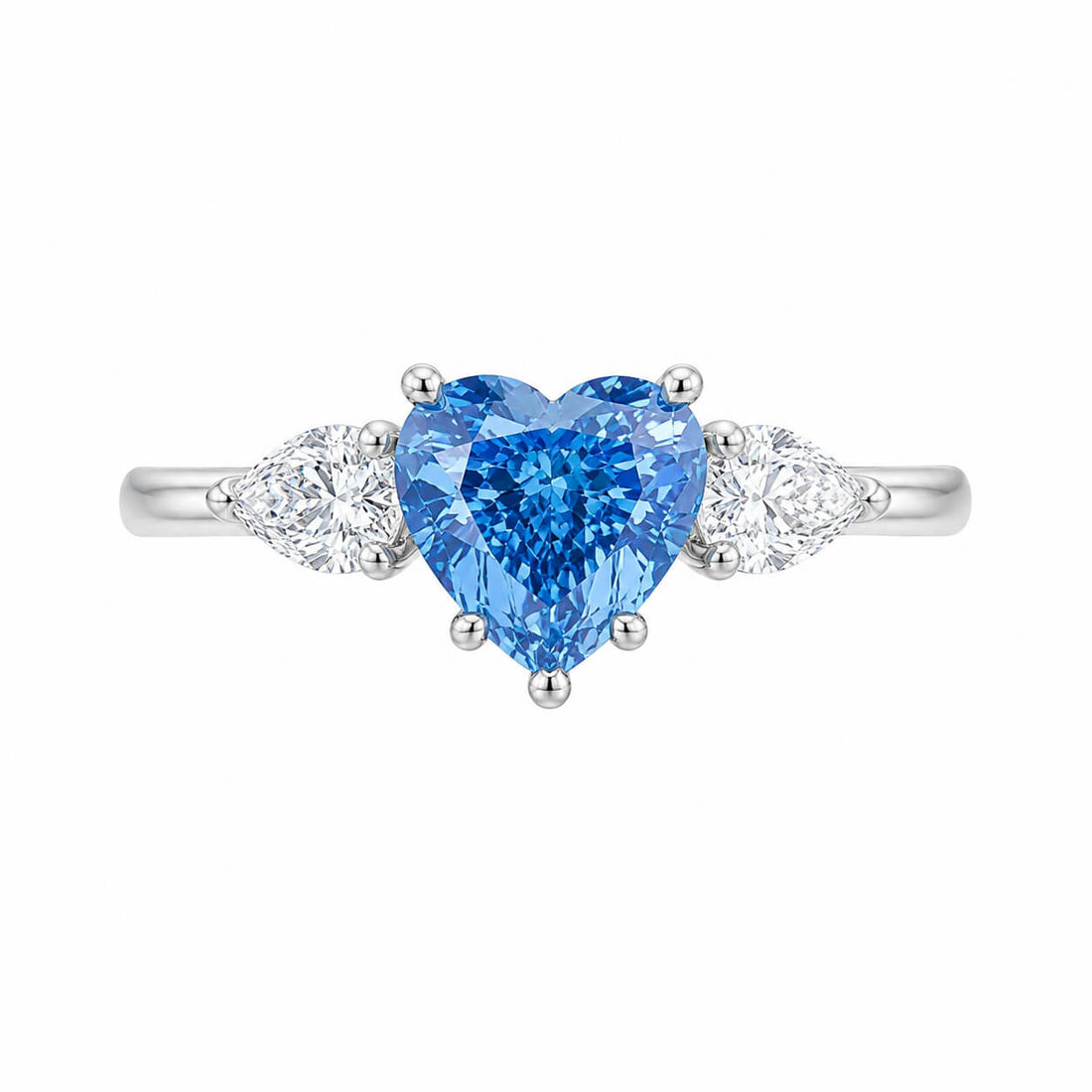 18K gold heart lab grown blue diamond three stones engagement ring