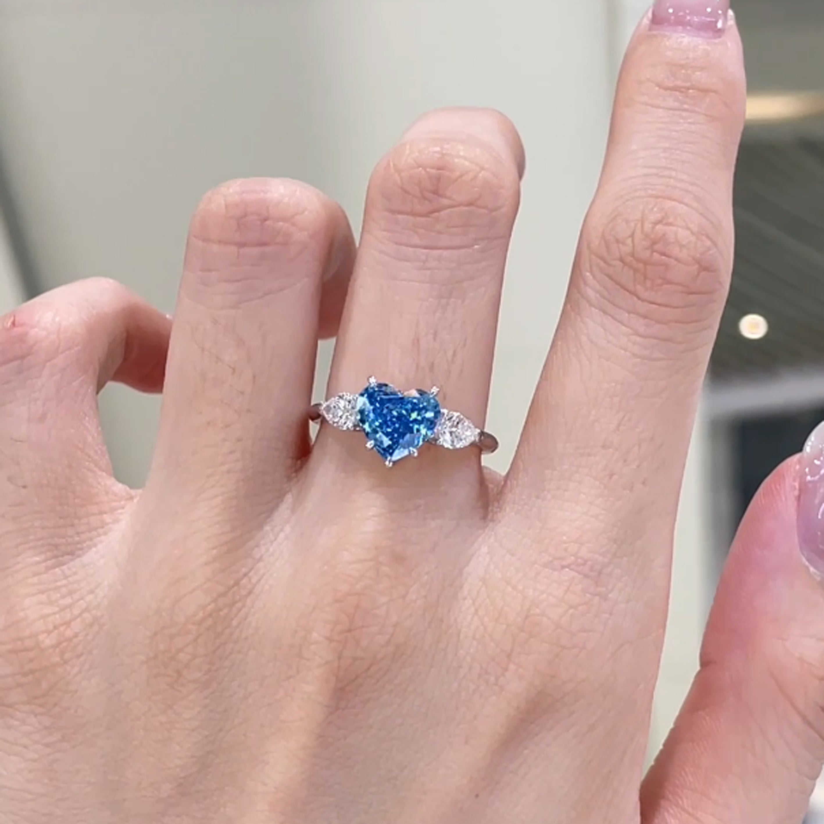 18K gold heart lab grown blue diamond three stones engagement ring