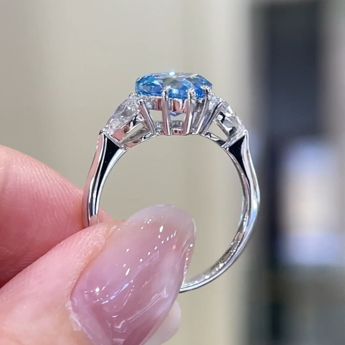 18K gold heart lab grown blue diamond three stones engagement ring