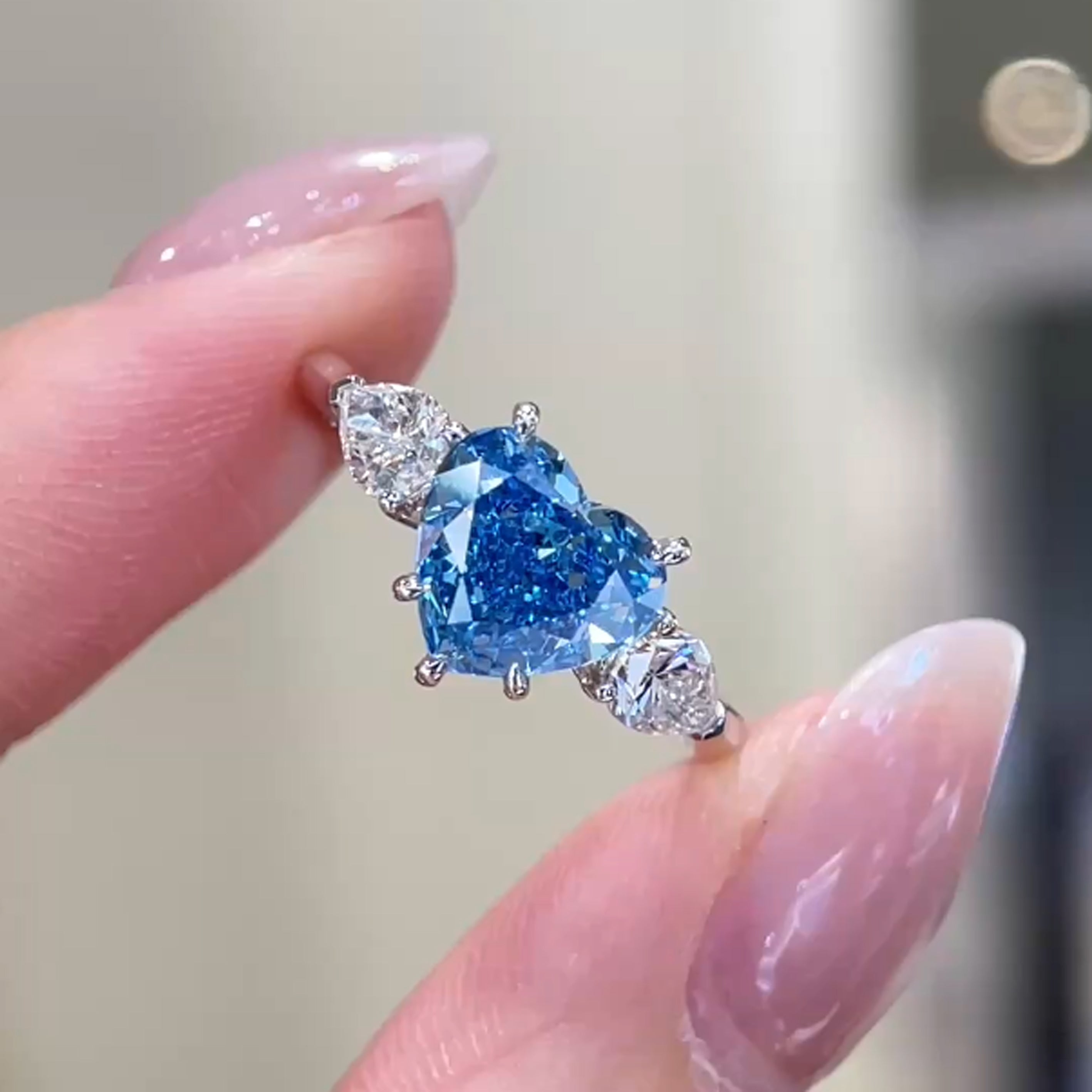 18K gold heart lab grown blue diamond three stones engagement ring