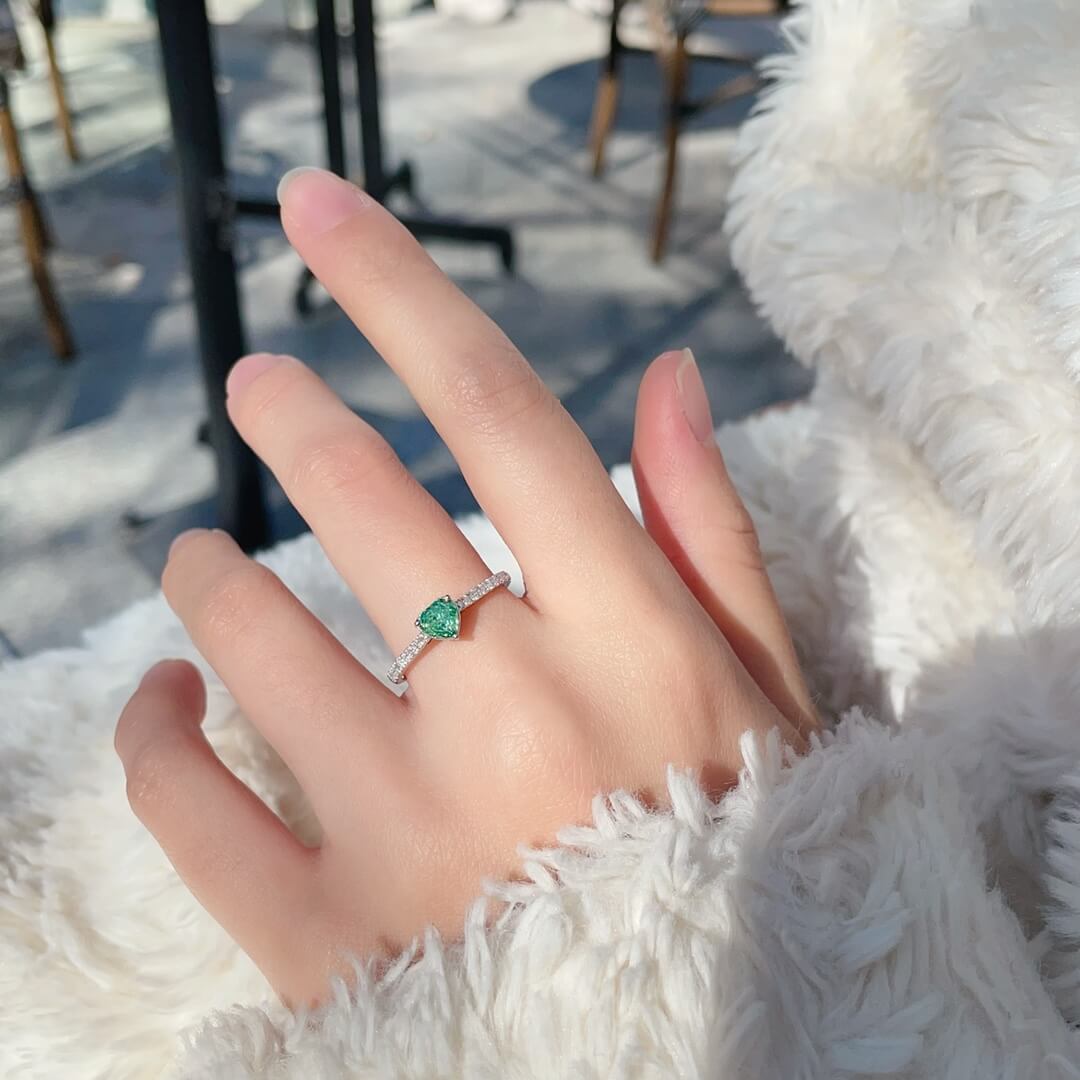 Heart cut lab grown green diamond engagement ring
