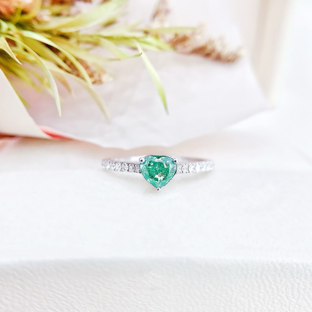 Heart cut lab grown green diamond engagement ring