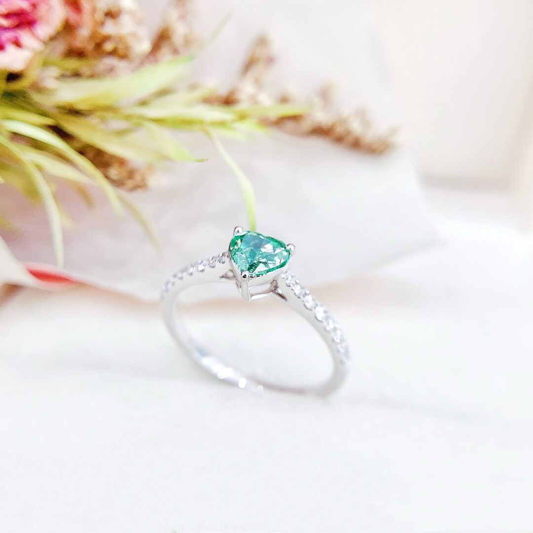 Heart cut lab grown green diamond engagement ring
