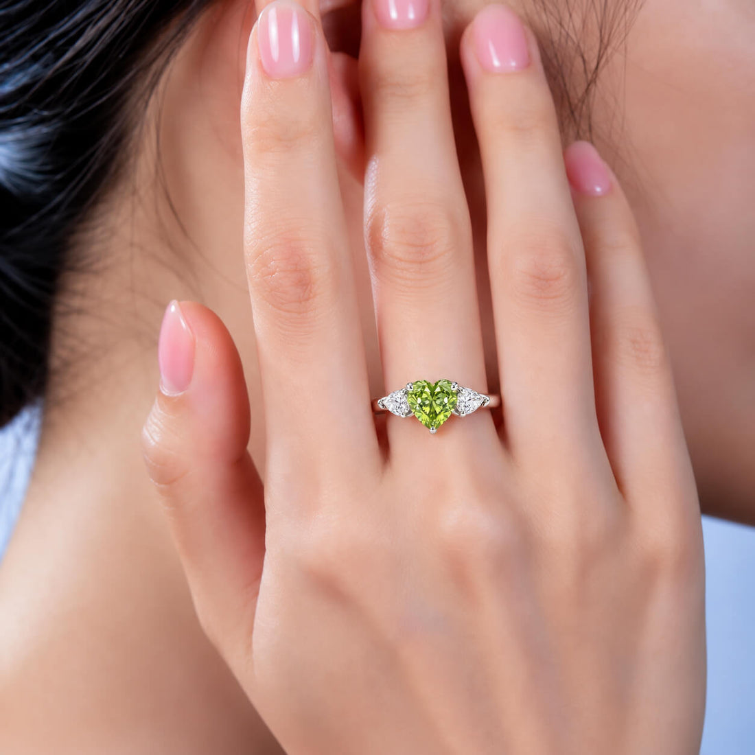 Heart cut lab grown green diamond three stones engagement ring