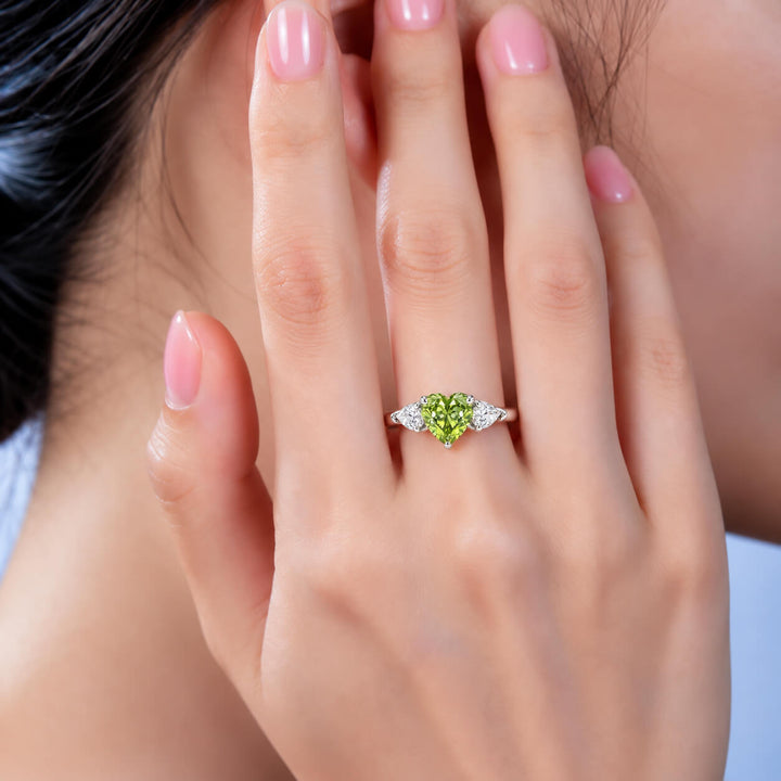 Heart cut lab grown green diamond three stones engagement ring