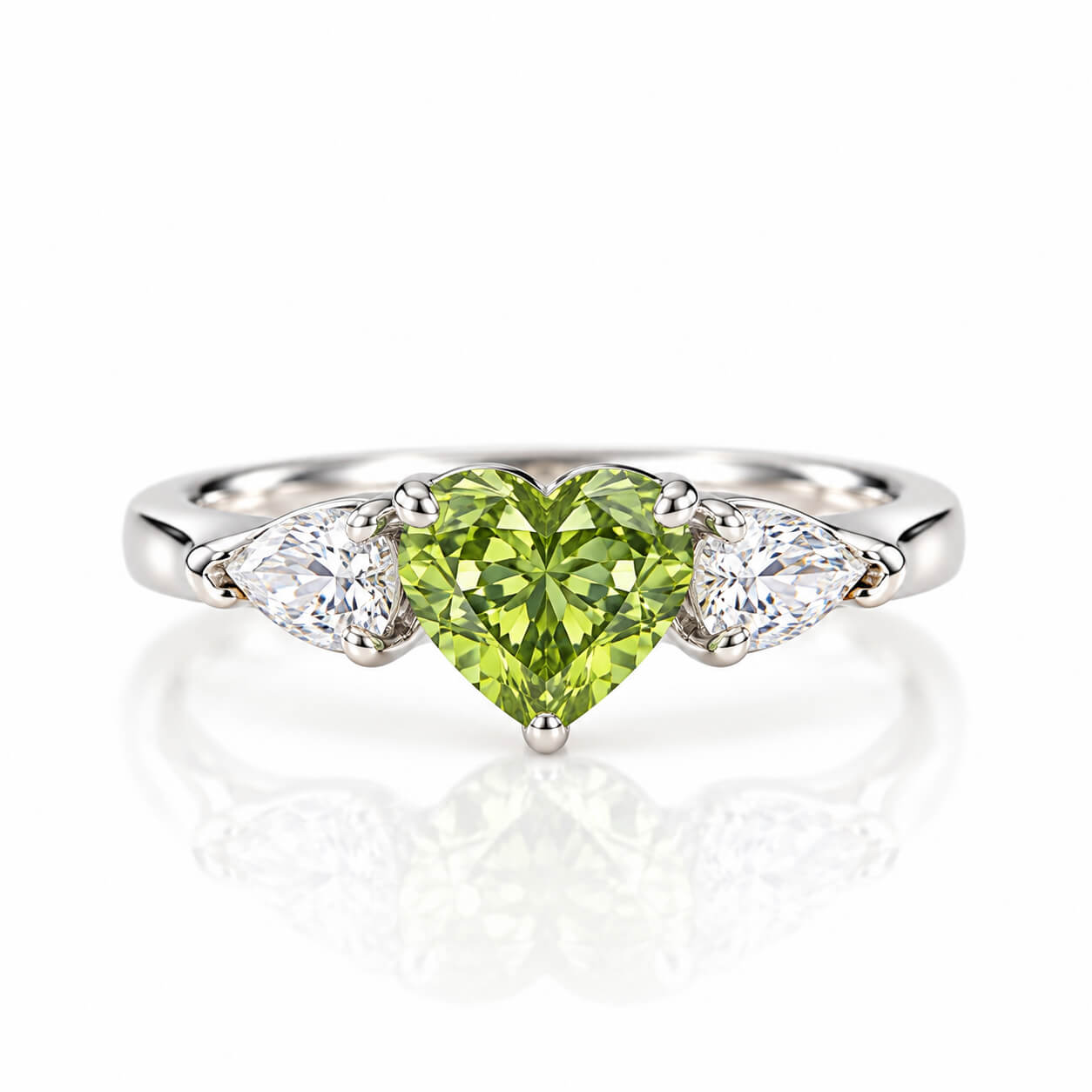 Heart cut lab grown green diamond three stones engagement ring