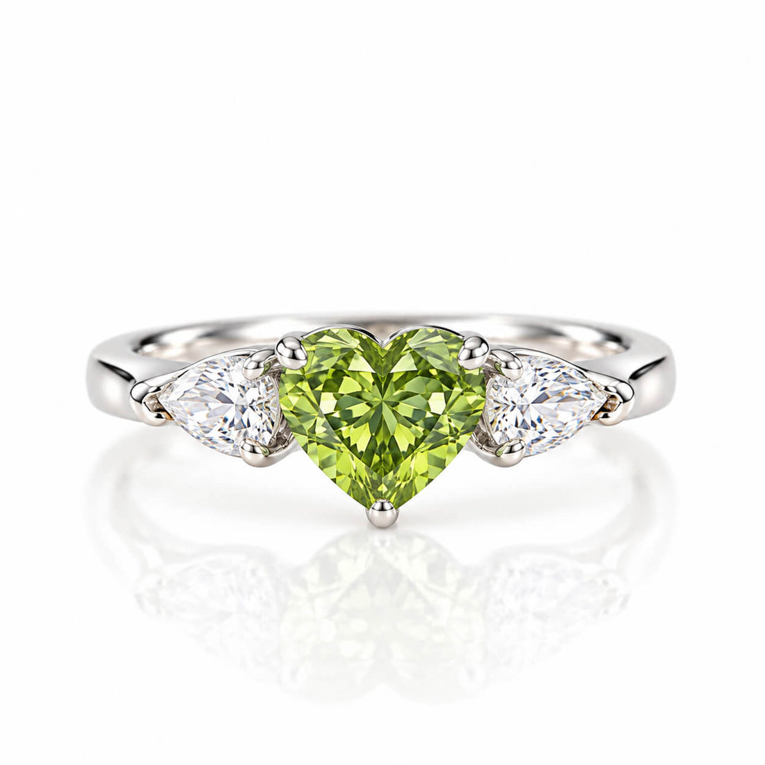 Heart cut lab grown green diamond three stones engagement ring