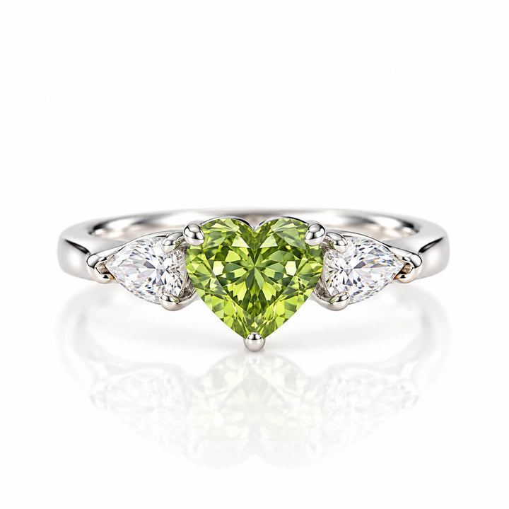 Heart cut lab grown green diamond three stones engagement ring