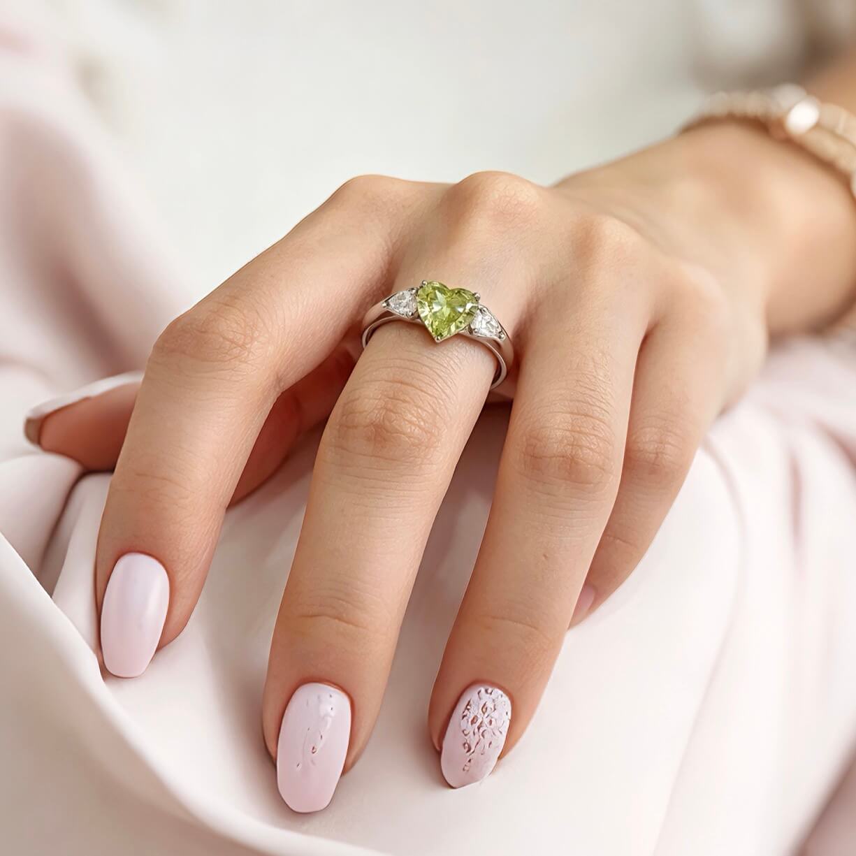 Heart cut lab grown green diamond three stones engagement ring