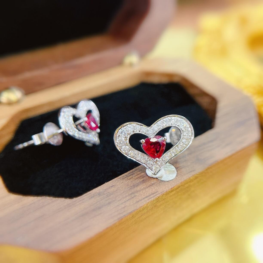 Hollow design hear cut lab grown ruby earrings stud