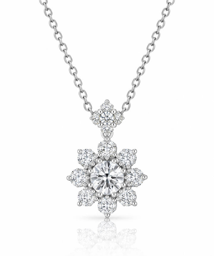 Hollowed-out snowflake round cut lab grown diamond necklace