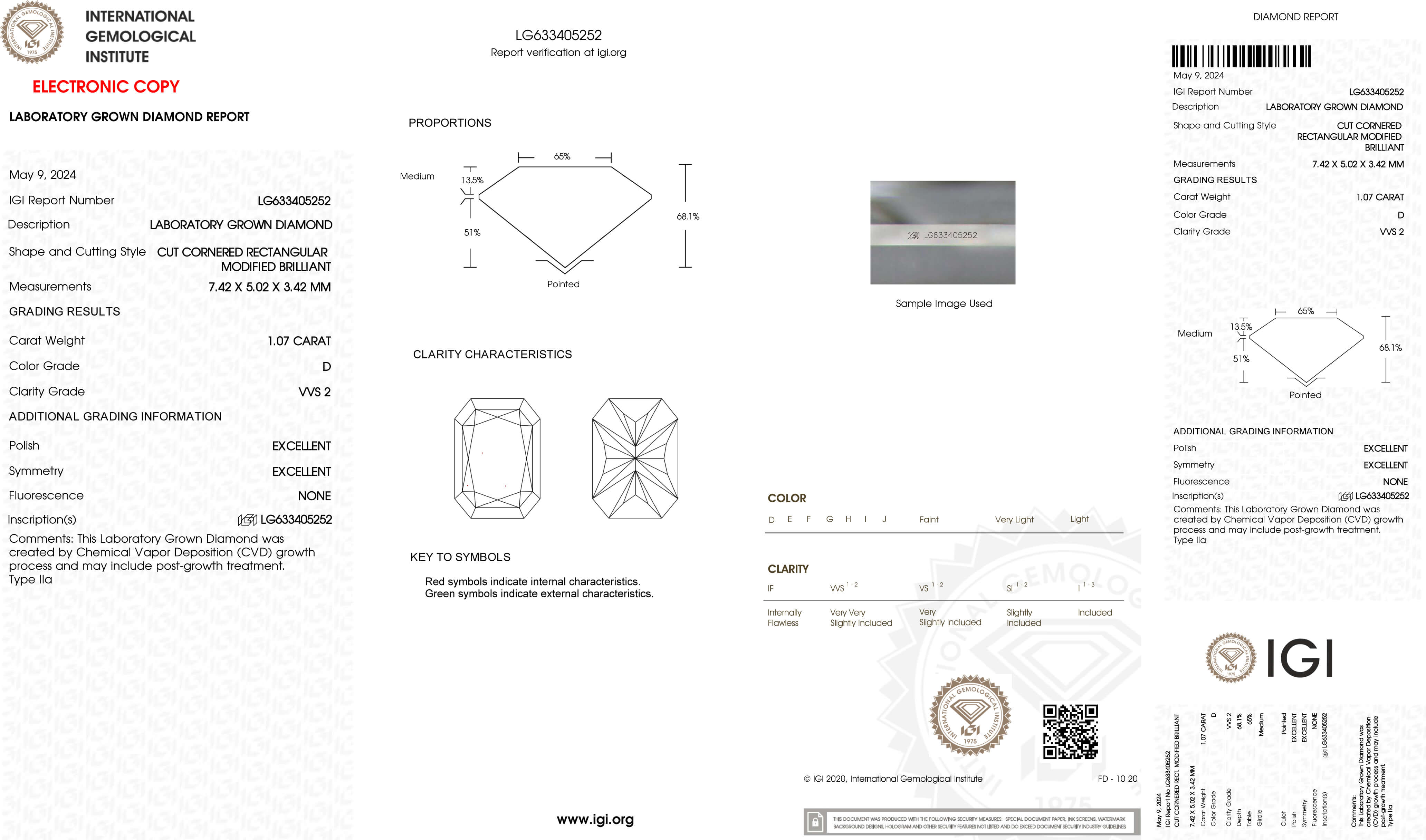 1.07ct D VVS2 Radiant Cut Lab Grown Diamond