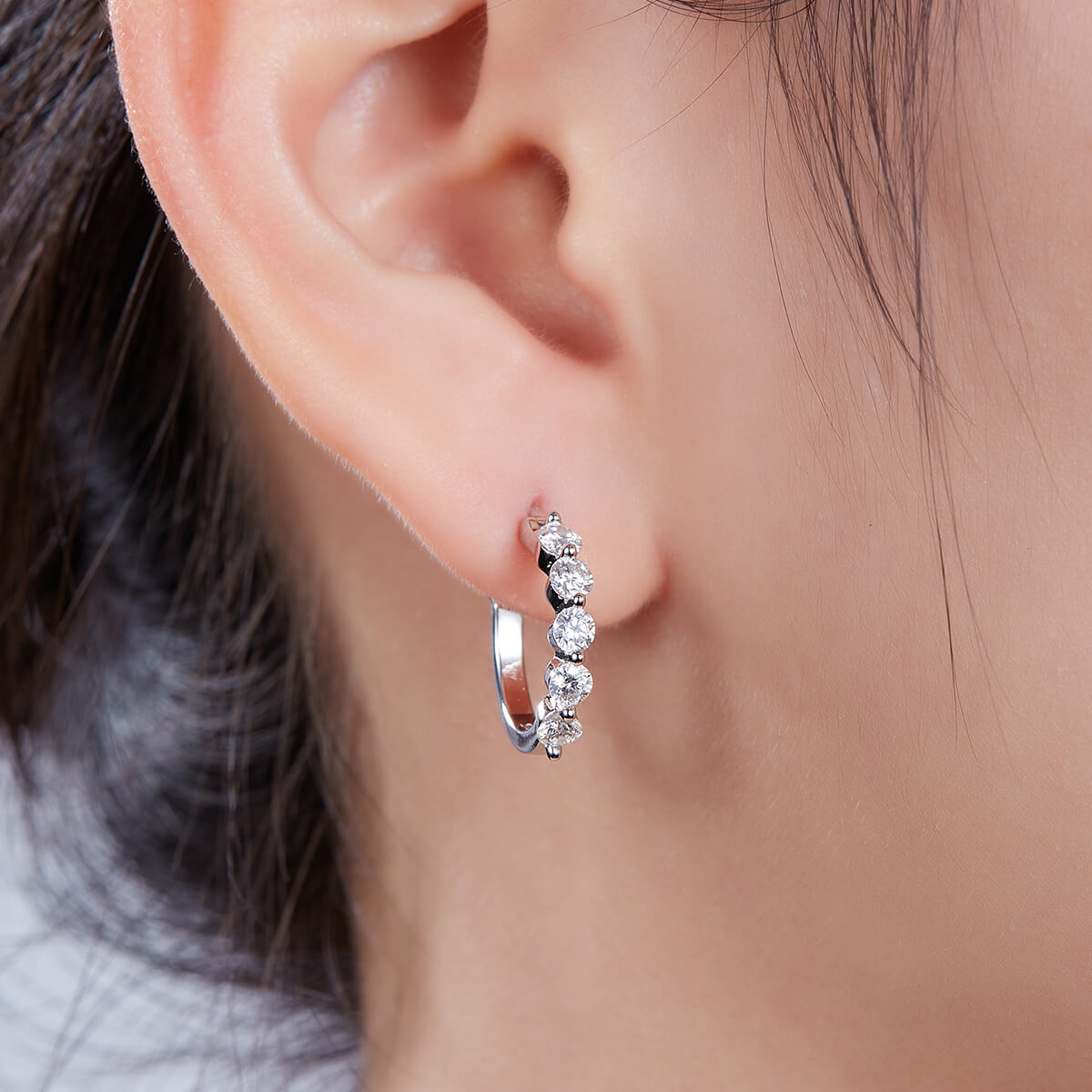 Half pave single row Moissanite huggie hoop earrings stud