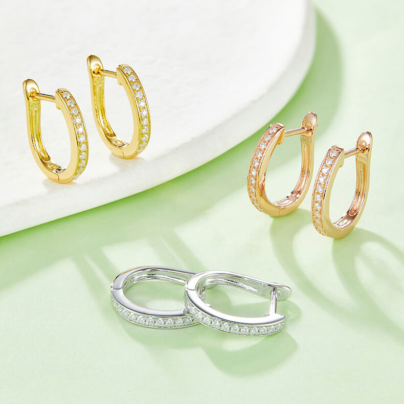 Half pave single row Moissanite huggie hoop earrings stud