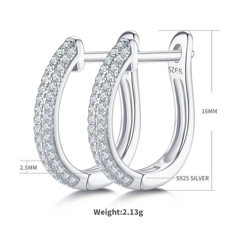 Half pave three rows Moissanite huggie hoop earrings stud