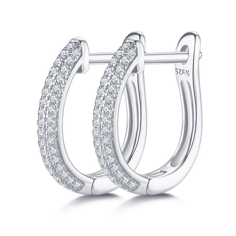 Half pave three rows Moissanite huggie hoop earrings stud