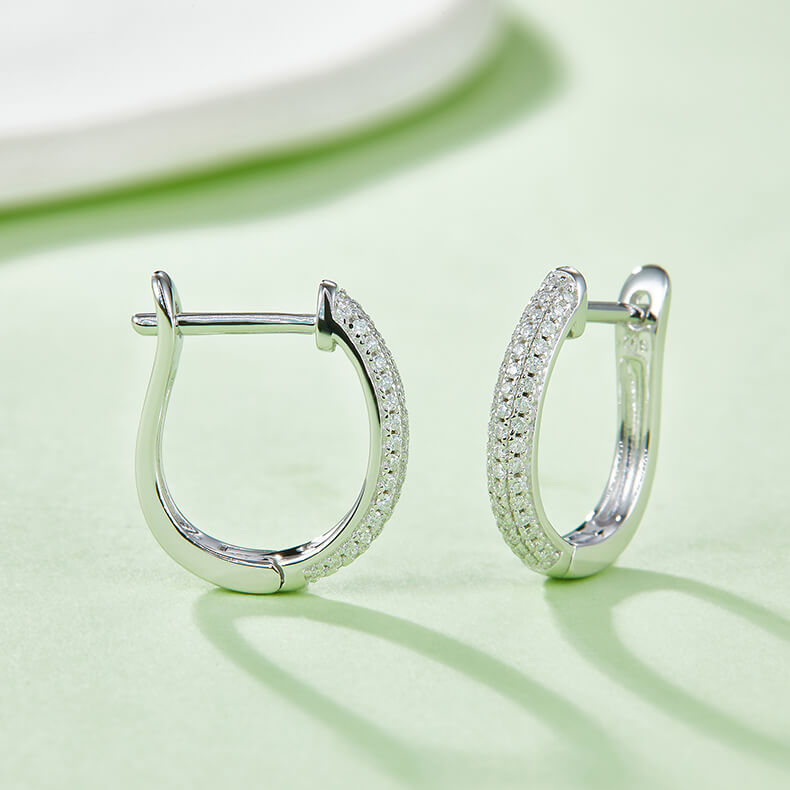 Half pave three rows Moissanite huggie hoop earrings stud
